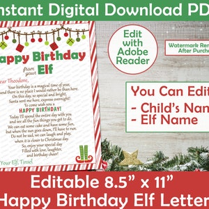 Carta de cumpleaños de elfo / Carta de feliz cumpleaños de tu elfo / Carta de cumpleaños de elfo personalizada para imprimir / editable para imprimir en casa en formato PDF