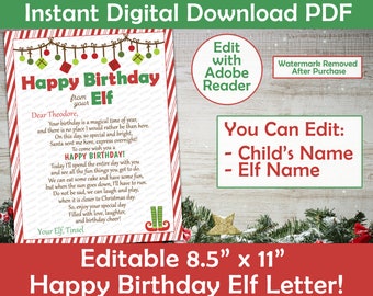 Elfe Geburtstagsbuchstabe | Alles Gute Zum Geburtstag Von Deinem Elfen Brief | Personalisierte | Bearbeitbarer Elf Geburtstagsbrief Print-At-Home PDF