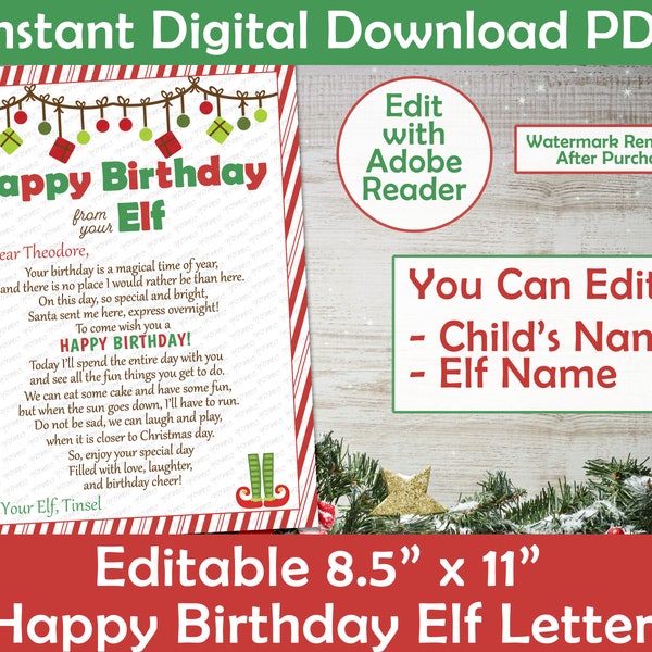 Elf Birthday Letter | Happy Birthday From Your Elf Letter | Printable Personalized | Editable Elf Birthday Letter Print-At-Home PDF