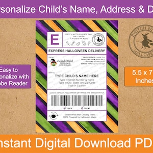 Puede incluir: Un PDF de descarga digital con temática de Halloween con un fondo a rayas moradas, verdes y naranjas. El diseño incluye una etiqueta de envío con el texto "Express Halloween Delivery" y espacio para personalizar el nombre y la dirección de un niño. La etiqueta mide 14 x 19 cm.