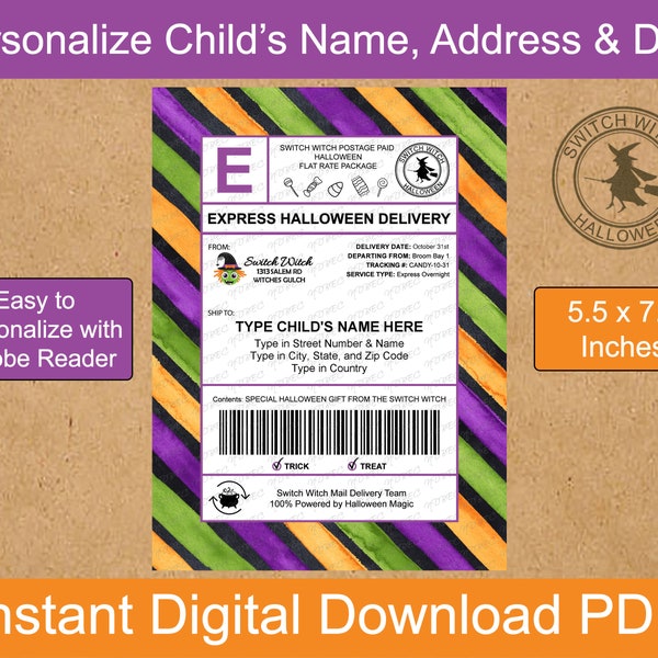 Editable Switch Witch Shipping Label Template 5.5x7.5 | Halloween Mail | Digital Download + Printable with Adobe Reader | PDF