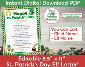 Lettre du jour de la Saint-Patrick elfe | Joyeuse Saint-Patrick de la part de votre elfe | Lettre imprimable et modifiable de la Saint-Patrick elfe | PDF imprimable à domicile