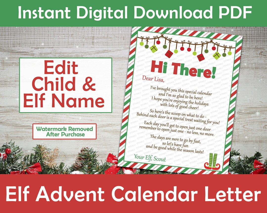Editable Elf Advent Calendar Poem Digital Download Printable PDF Elf