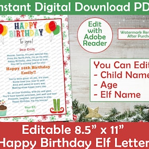 Carta de cumpleaños de elfo COPO DE NIEVE / Carta de feliz cumpleaños de tu elfo / Carta de cumpleaños de elfo personalizada imprimible / editable para imprimir en casa en formato PDF