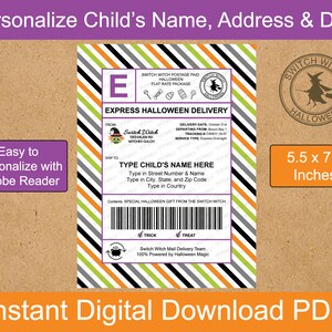 Puede incluir: Etiqueta de entrega de Halloween imprimible con una ilustración de bruja y el texto "Switch Witch Halloween Delivery". La etiqueta está diseñada para ser personalizada con el nombre, la dirección y la fecha de entrega de un niño. Mide 5,5 x 7,5 pulgadas.