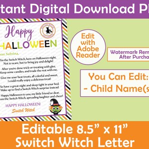 Puede incluir: Carta de Halloween editable de la Bruja Switch, en tamaño 8,5" x 11". La carta está decorada con rayas negras y verdes y presenta una bruja de dibujos animados con un sombrero morado y un vestido verde. El texto dice "¡Feliz Halloween!" y "Querida Sabrina, soy la Bruja Switch, aquí en la noche de Halloween. No para asustar, sino para traer alegría y deleite!"
