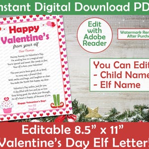Carta de elfo para el día de San Valentín / Feliz día de San Valentín de tu elfo / Carta de elfo personalizada para imprimir / editable para el día de San Valentín para imprimir en casa en formato PDF