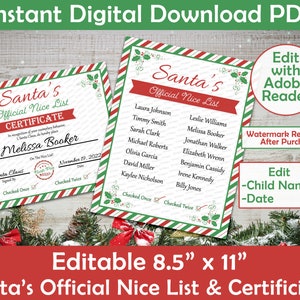 Paquete de lista de buenos amigos de Papá Noel editable / Certificado de lista de buenos amigos personalizable e imprimible y lista de buenos amigos oficial / Impresión en casa con Adobe Reader