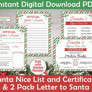 Offizieller Brief an den Weihnachtsmann und bearbeitbare Weihnachtsliste & Zertifikatspaket | Kinder Weihnachtswunschliste | Einfach zu Drucken | Print-At-Home-PDF