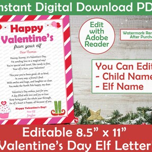 Carta de elfo para el día de San Valentín / Feliz día de San Valentín de tu elfo / Carta de elfo personalizada para imprimir / editable para el día de San Valentín para imprimir en casa en formato PDF