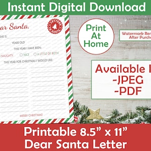 Carta oficial a Papá Noel / Lista de deseos navideños para niños / Lista de deseos para Papá Noel / Carta fácil de imprimir a Papá Noel / PDF y JPEG para imprimir en casa