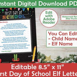 Carta del primer día de clases de Elf / Diseño de tablero negro / Carta de elfo de regreso a la escuela / Carta escolar de elfos imprimible / editable / PDF impreso en casa