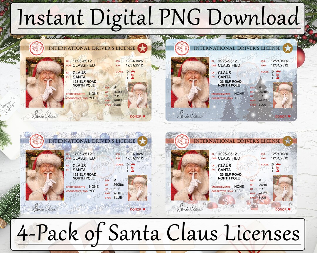 Santa Claus License PNG, 4-pack, Sublimation Designs, Instant Digital