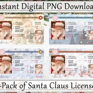 Santa Claus License PNG, 4-Pack, Sublimation Designs, Instant Digital Download, Christmas, North Pole