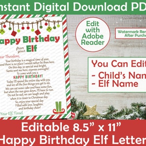 Carta de cumpleaños de elfo / Carta de feliz cumpleaños de tu elfo / Carta de cumpleaños de elfo personalizada para imprimir / editable para imprimir en casa en formato PDF