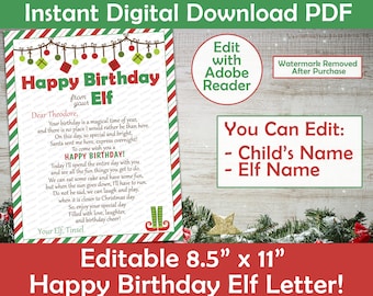 Elf Birthday Letter | Happy Birthday From Your Elf Letter | Printable Personalized | Editable Elf Birthday Letter Print-At-Home PDF