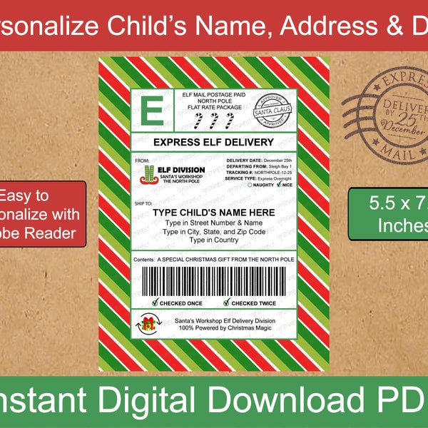 Editable Elf Shipping Label Template 5.5x7.5 | North Pole Mail | Sleigh Mail Label | Digital Download + Printable with Adobe Reader | PDF