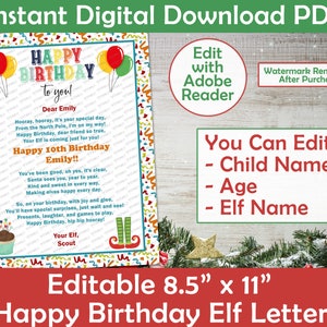 Carta de aniversário de elfo CONFETTI | Feliz aniversário da sua carta de elfo | Personalizada para impressão | Carta de aniversário de elfo editável para impressão em casa PDF