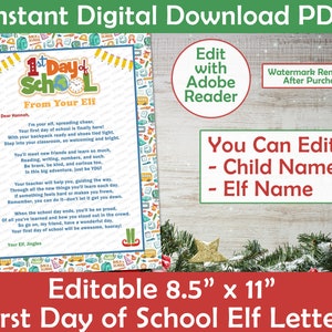 Carta del primer día de clases de Elf / Carta de elfo de regreso a la escuela / Imprimible personalizada / Editable Carta de la escuela de elfos Impresión en casa PDF