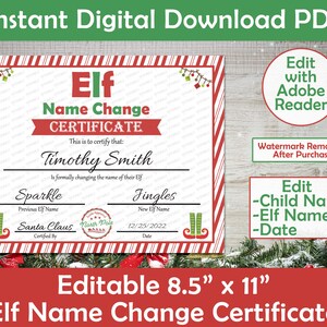 Editable Elf Name Change Certificate | Printable Customizable Elf Name Change Certificate | Print-At-Home with Adobe Reader | PDF