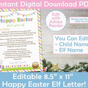 May include: A digital Easter letter from an elf, with the words "Happy Easter" and a personal message. The design incorporates pastel colours, Easter bunny illustrations, and editable fields for the child's and elf's names. The letter is 21.6 cm x 27.9 cm.