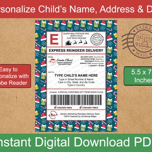 May include: A printable PDF template for a personalised Christmas card. The card is designed to look like a package from Santa Claus. It features a red and white striped candy cane, a red gift box with a white bow, and a snowflake on a teal background. The text on the card reads "Express Reindeer Delivery" and "Santa Claus, Santa's Workshop, The North Pole".