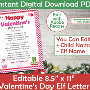 Carta de elfo para el día de San Valentín / Feliz día de San Valentín de tu elfo / Carta de elfo personalizada para imprimir / editable para el día de San Valentín para imprimir en casa en formato PDF