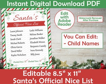 May include: Editable printable 8.5" x 11" Santa's Official Nice List with a red and green striped border. The list includes a checklist for "Checked Once" and "Checked Twice".