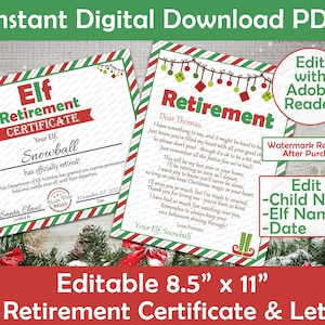 Carta de jubilación de elfo editable / Descarga digital + Imprimible / PDF / Paquete de carta de jubilación de elfo y certificado de jubilación oficial