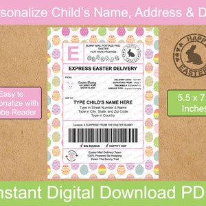 May include: Printable Easter delivery label featuring a pink and white bunny rabbit design. The label measures 5.5 x 7.5 inches and has a space to type in a child's name, address, and delivery date. The label also includes the text "Express Easter Delivery" and "Happy Easter".