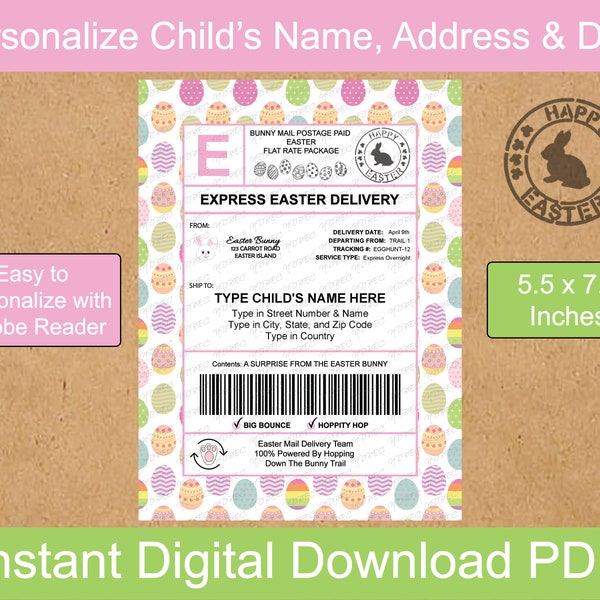 Editable Easter Bunny Shipping Label Template 5.5x7.5 | Novelty Mail Label | Digital Download + Printable with Adobe Reader | PDF