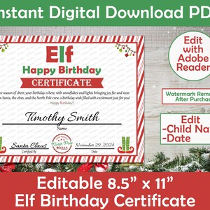 May include: Printable Elf Birthday Certificate template in red and white stripes with a green elf design. The certificate is editable with Adobe Reader and includes the text "Elf Happy Birthday Certificate".