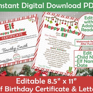Pacote de Carta de Aniversário de Elfo e Certificado | Feliz Aniversário da Sua Carta de Elfo | Aniversário de Elfo | Editável para Imprimir | PDF para Imprimir em Casa