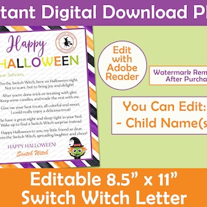 Puede incluir: Carta de Halloween editable de 8,5" x 11" de la Bruja Switch. La carta está decorada con rayas moradas, naranjas y negras y presenta una bruja de dibujos animados con un sombrero morado y una cara verde. El texto dice "¡Feliz Halloween!" y "Querida Sabrina, Soy la Bruja Switch, aquí en la noche de Halloween, No para asustar, sino para traer alegría y deleite. Después de que termines de pedir dulces con alegría, guarda algunos dulces e intercambia el resto conmigo. Dame tus mejores golosinas, todas coloridas y dulces. ¡Realmente podría disfrutar de un delicioso manjar! Así que ten una gran noche y duerme bien en tu cama. Despierta para encontrar una sorpresa de la Bruja Switch en su lugar. Feliz Halloween para ti, mi pequeño amigo tan querido, De parte de la Bruja Switch, difundiendo risas y alegría. ¡FELIZ HALLOWEEN! Bruja Switch"