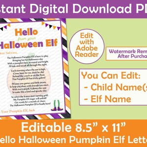 Puede incluir: Plantilla de carta de Halloween editable de 8,5" x 11" imprimible con un duende de calabaza y un poema. La carta es personalizable con el nombre del niño y el nombre del duende. La carta tiene un fondo a rayas naranja, negro y morado.