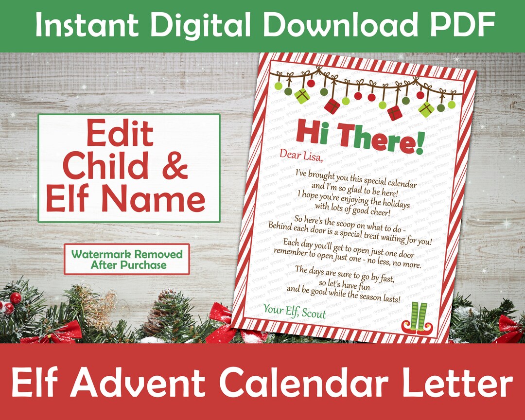 Editable Elf Advent Calendar Poem Digital Download Printable PDF Elf