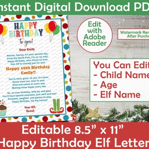 Carta de cumpleaños de elfo en forma de círculos/ Carta de feliz cumpleaños de tu elfo/ Carta de cumpleaños de elfo personalizada para imprimir/editar en formato PDF para imprimir en casa