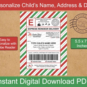 Plantilla de etiqueta de envío de Papá Noel editable de 5,5 x 7,5 pulgadas / Etiqueta de correo del Polo Norte / Etiqueta de correo en trineo / Descarga digital + Imprimible con Adobe Reader / PDF