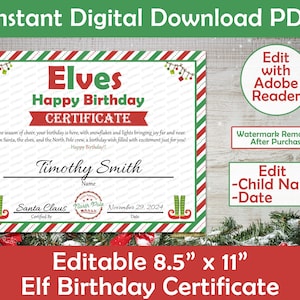 Certificado de cumpleaños de elfos / Certificado de feliz cumpleaños de parte de tus elfos / Certificado de cumpleaños de elfos personalizado para imprimir / Certificado de cumpleaños de elfos editable / PDF para imprimir en casa