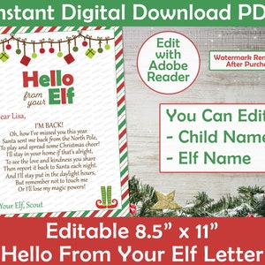 May include: Editable printable letter from an elf to a child. The letter is decorated with red and green stripes and a garland of Christmas ornaments. The letter says "Hello from your Elf" and includes a personalized message for a child named Lisa. The letter is 8.5 inches by 11 inches.