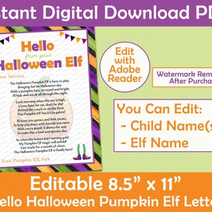 May include: Editable 8.5" x 11" printable Halloween Pumpkin Elf letter template. The letter is written in a fun, rhyming style and features a pumpkin elf illustration. The text includes the words "Hello from your Halloween Elf".