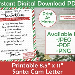 以下が含まれることがあります： 赤と緑のストライプの背景を持つ、8.5インチ x 11インチのサンタのカメラレターを印刷できます。手紙はサンタクロースからの詩で、カメラを届けたことと、見ていることを伝えています。手紙は2回チェックされ、サンタクロースによって署名されています。