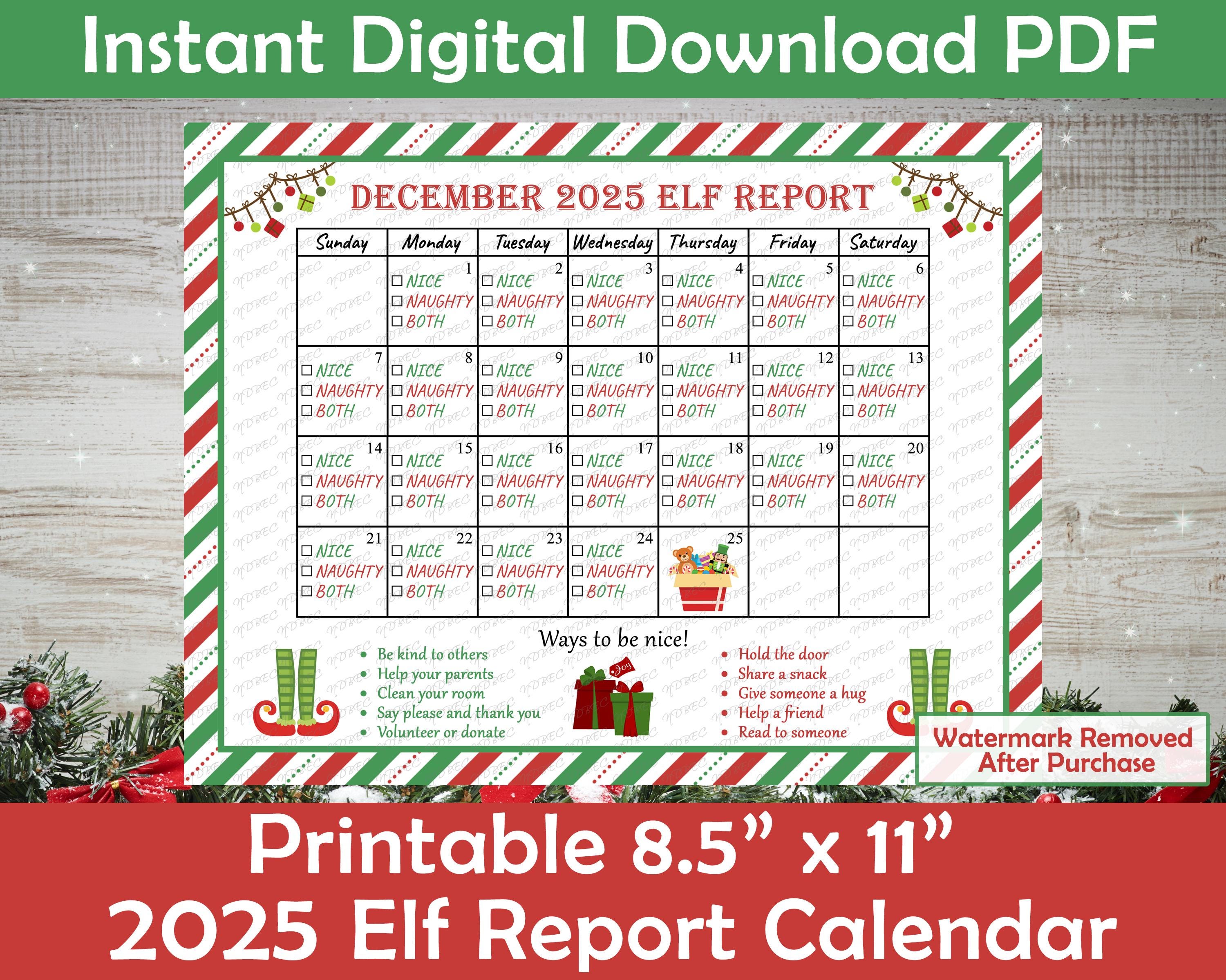 elf report calendar 2025 / printable / instant download
