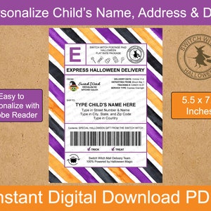 Puede incluir: Etiqueta de correo de Halloween imprimible con una ilustración de bruja y el texto "Switch Witch Halloween" en un círculo. La etiqueta está diseñada para ser personalizada con el nombre, la dirección y la fecha de entrega de un niño. La etiqueta mide 5,5 x 7,5 pulgadas.