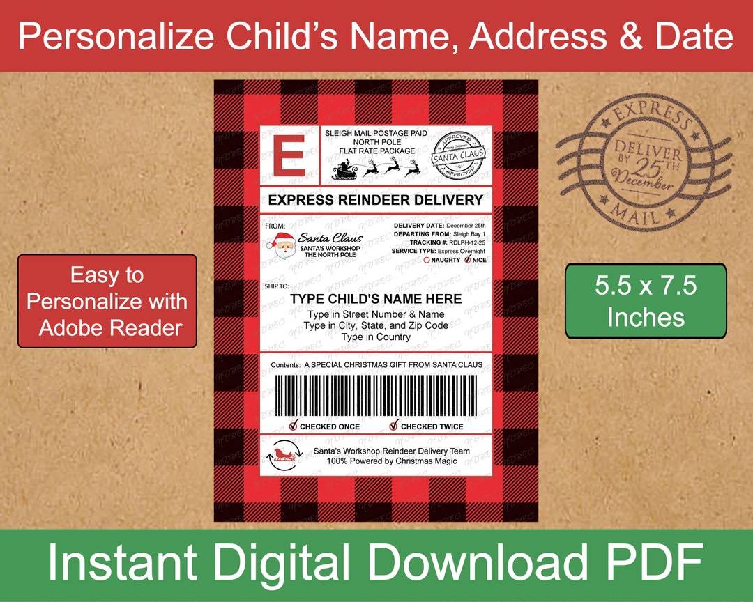 Editable Santa Shipping Label Template 5.5x7.5 North Pole Mail Sleigh Mail Label Digital ...