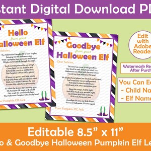 Puede incluir: Plantilla de carta de duende de calabaza de Halloween editable e imprimible de 8,5" x 11". La plantilla presenta un fondo a rayas morado, naranja y negro con una linda ilustración de duende de calabaza. El texto dice "Hello from your Halloween Elf" y "Goodbye from your Halloween Elf".