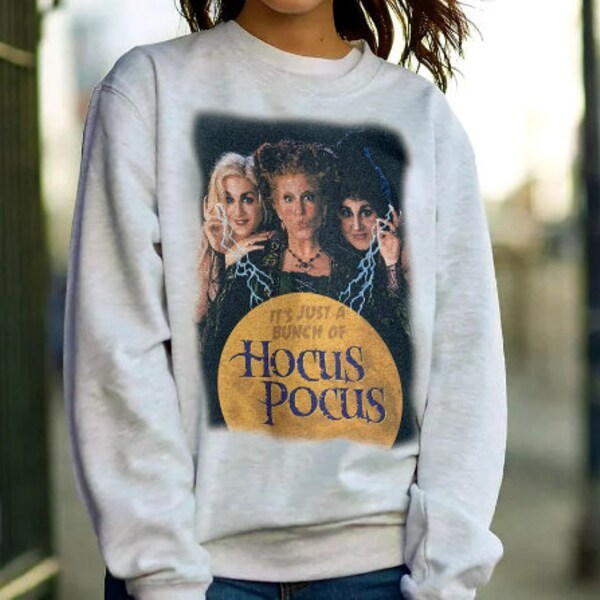 Vintage Just a Bunch of Hocus Pocus Sweatshirt, Cute Halloween Sanderson Three Sisters Witch Sweatshirt, faded vintage look ,Ash Gray