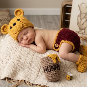 Pooh Newborn Photoshoot Outfit Handmade Crochet Hat  Diaper Cover Booties Hunny Pot Prop