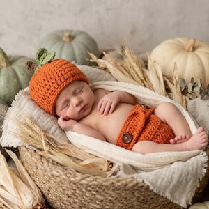 Pumpkin Newborn Photoshoot Outfit Handmade Crochet Hat  Diaper Cover