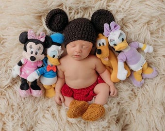 Mickey Mouse Newborn Photoshoot Outfit Handmade Crochet Hat Diaper Cover  Booties